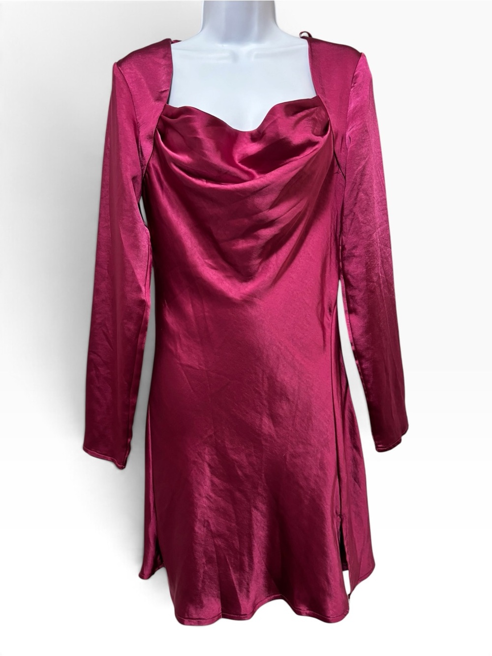 NWT Mustard Seed Magenta Satin Cowl Neck Cutout Back Mini Dress M - Picture 2 of 5